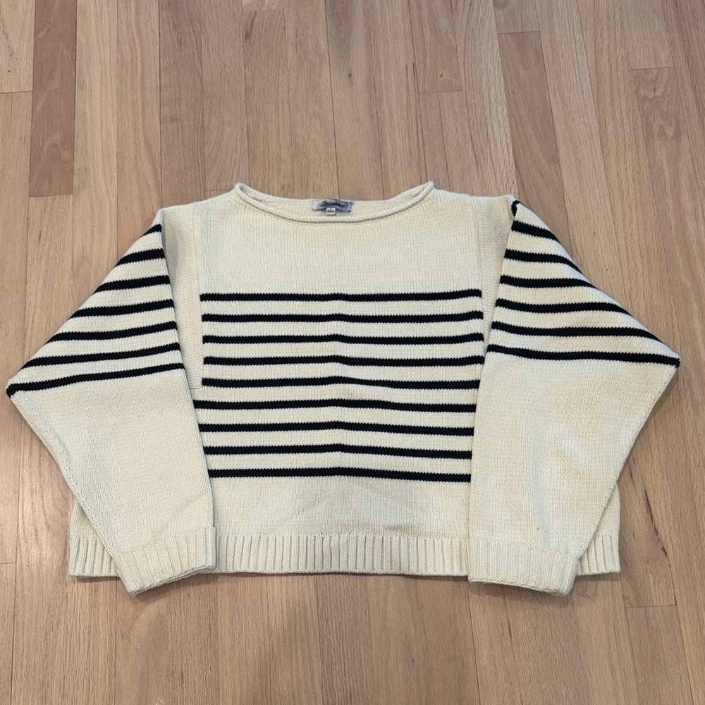 Madewell Cream and Black Striped Crewneck Sweater